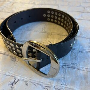 WIDE CHOCOLATE BROWN WITH SILVER TONE STUDS ALL OVER SHINY BUCKLE WOMENS BELT L